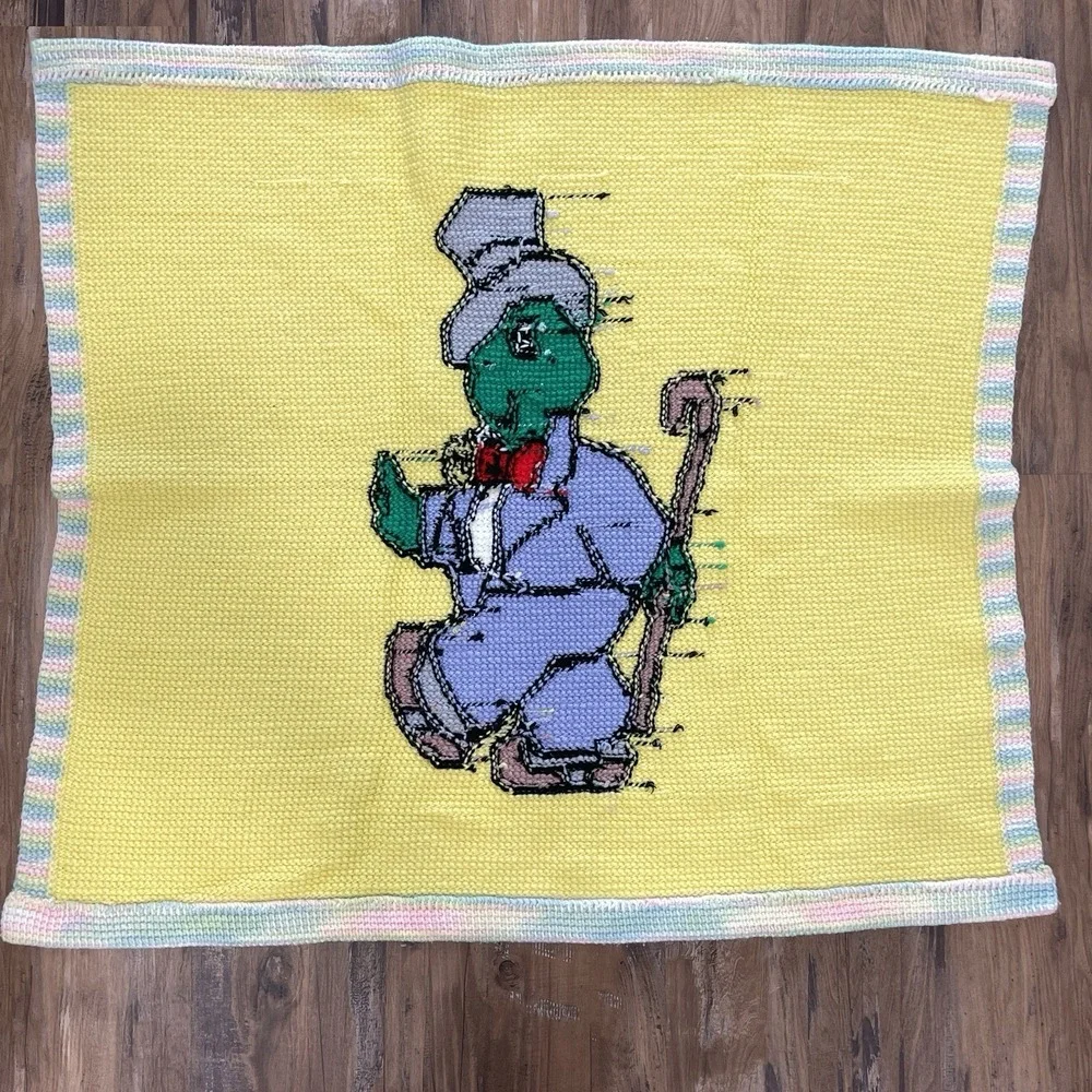 Vintage‎ Crochet Baby Blanket Turtle Gentleman Yellow Afghan 33x36
